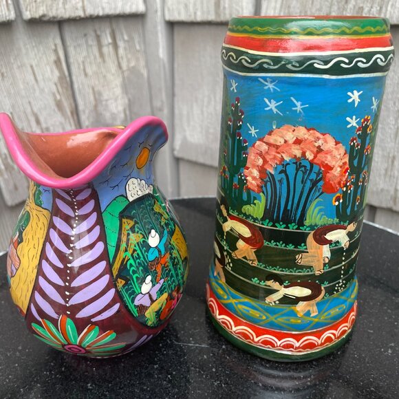 Isidoro Mexico Painted Stein Terracota Pitcher Magnet Wooden Spoon Floral Set - Picture 16 of 16